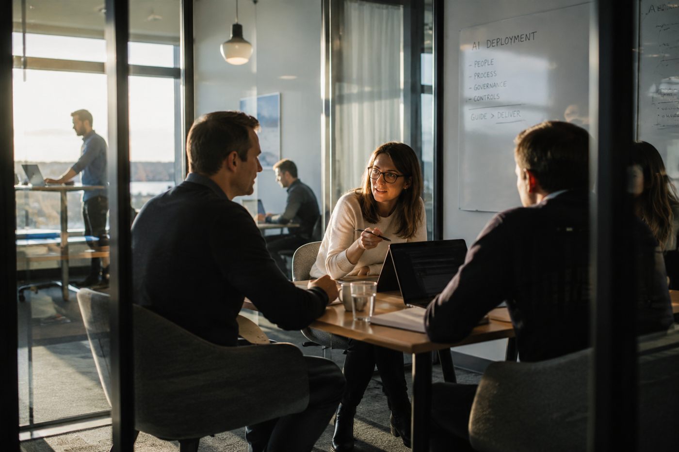 At golden hour, a strategist gestures with a pen across the table from two clients; behind them a whiteboard reads AI DEPLOYMENT — PEOPLE, PROCESS, GOVERNANCE, CONTROLS — GUIDE > DELIVER.